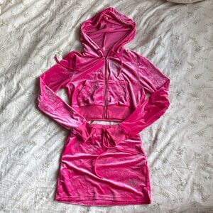 Hot pink velour cropped jacket and mini skirt set size small never worn